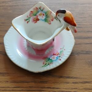 Porcelain Small Pet Feeder Cup with Pink Floral Design and Bird Accent